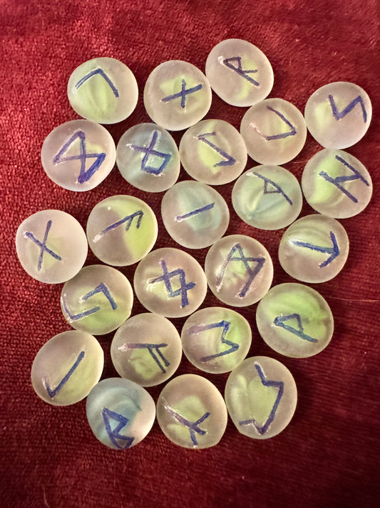 Elder futhark green marbled frosted glass with blue inked runes