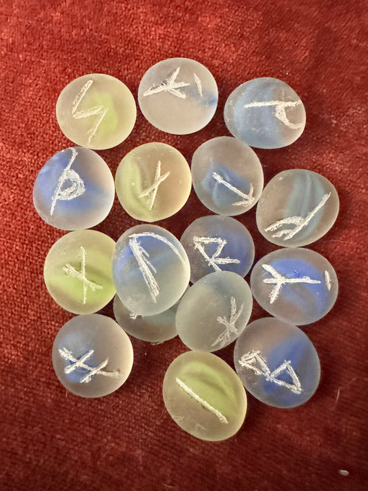 Younger Futhark marbled frosted glass etched runes