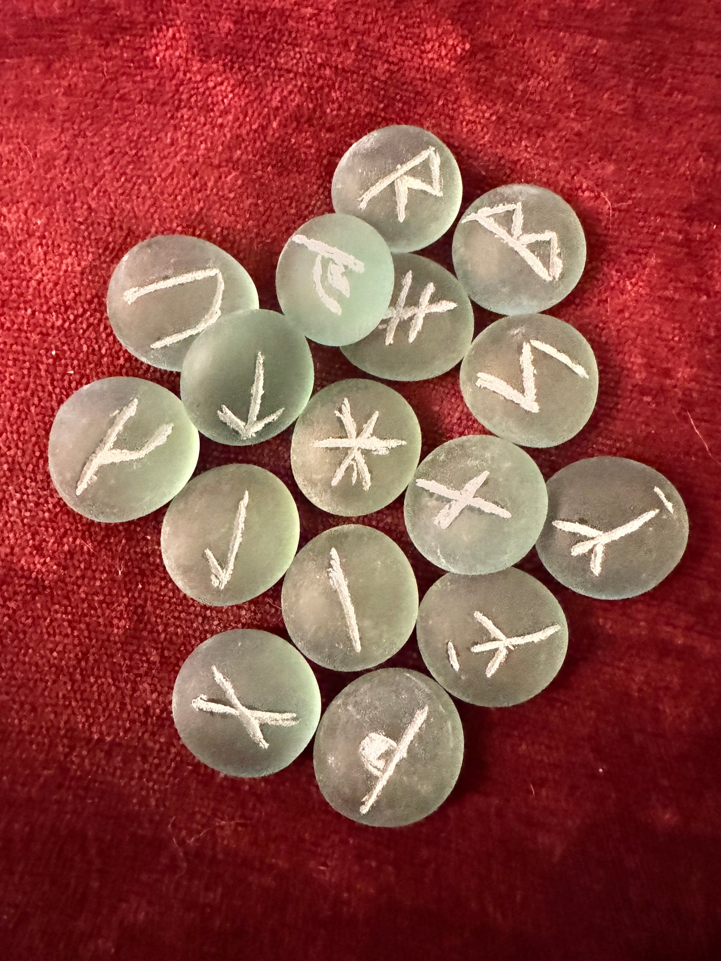 Younger Futhark teal frosted glass etched runes