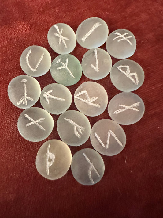 Younger Futhark light teal frosted glass etched runes