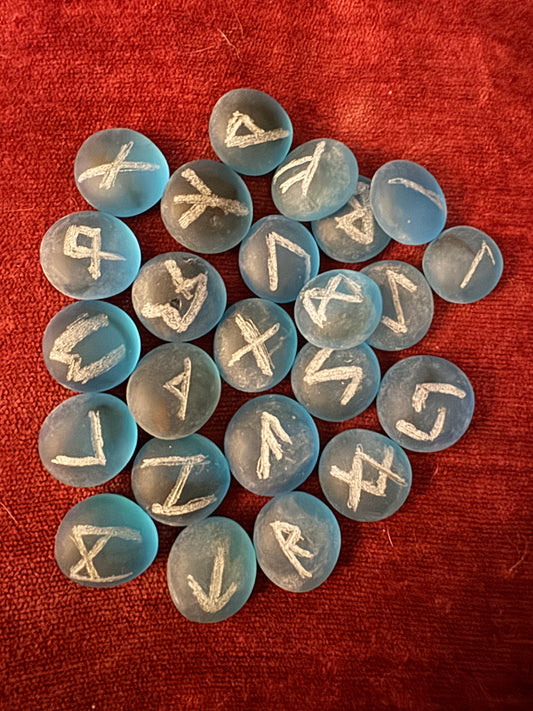 Elder Futhark blue frosted glass etched runes