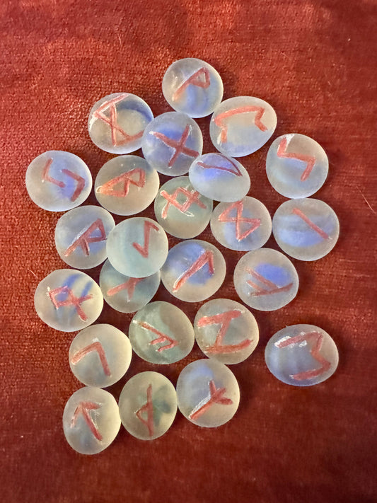 Elder futhark blue marbled frosted glass with orange inked rune set