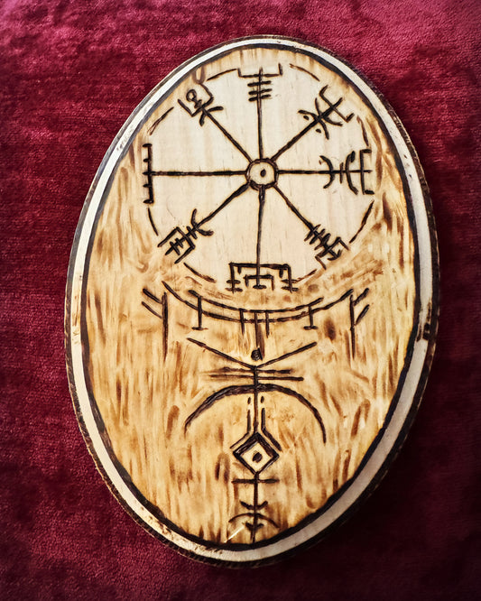 Wood burned Vegvisir oval plaque